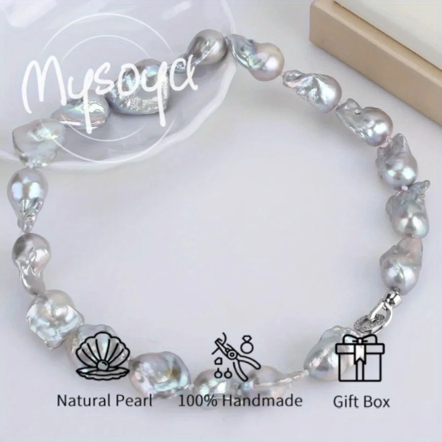 

MYSOYA 14-16mm Gray Baroque Pearl Necklace For Women And Men With Gift Box Perfect Gift For Wedding Birthday Christmas New Year