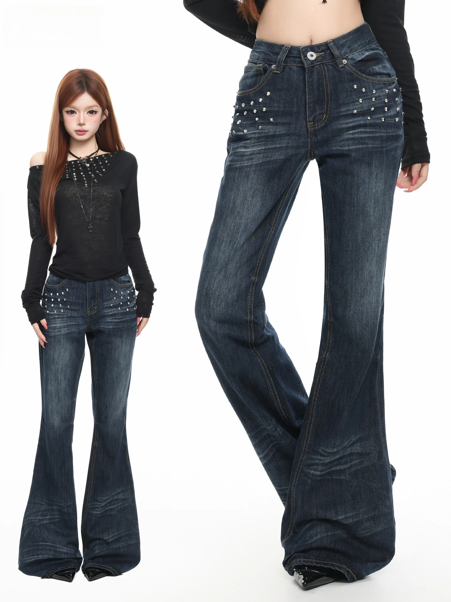 American Style Washed Bell Bottom Jeans Women's Autumn Rivet Design Slimming  Hoof Pants Cotton Blend Casual Jeans
