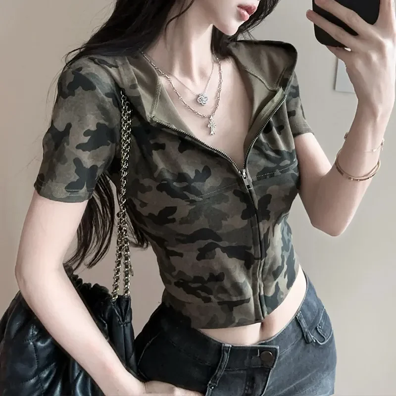 Women's Summer Slim Camo Hooded Short-Sleeve T-Shirt, Stand Collar Full-Zip Short Sleeve Shirt, Ladies Casual Outfit