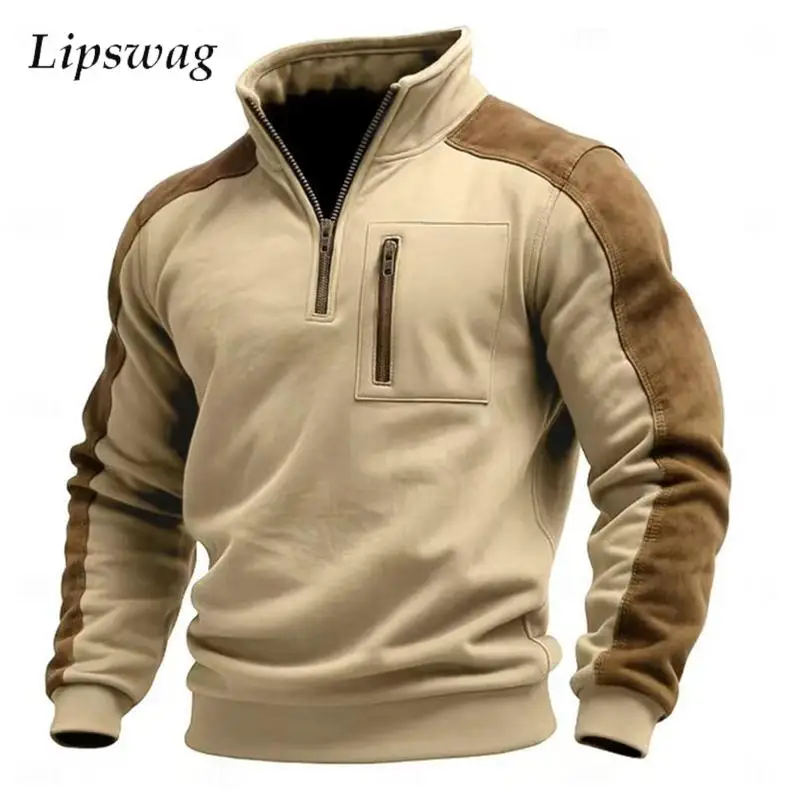 

Осень-зима уличный повседневный свитшот мужская мода замшевая лоскутная толстовка с длинным рукавом топ мужской винтажный джемпер на молнии с воротником-стойкой