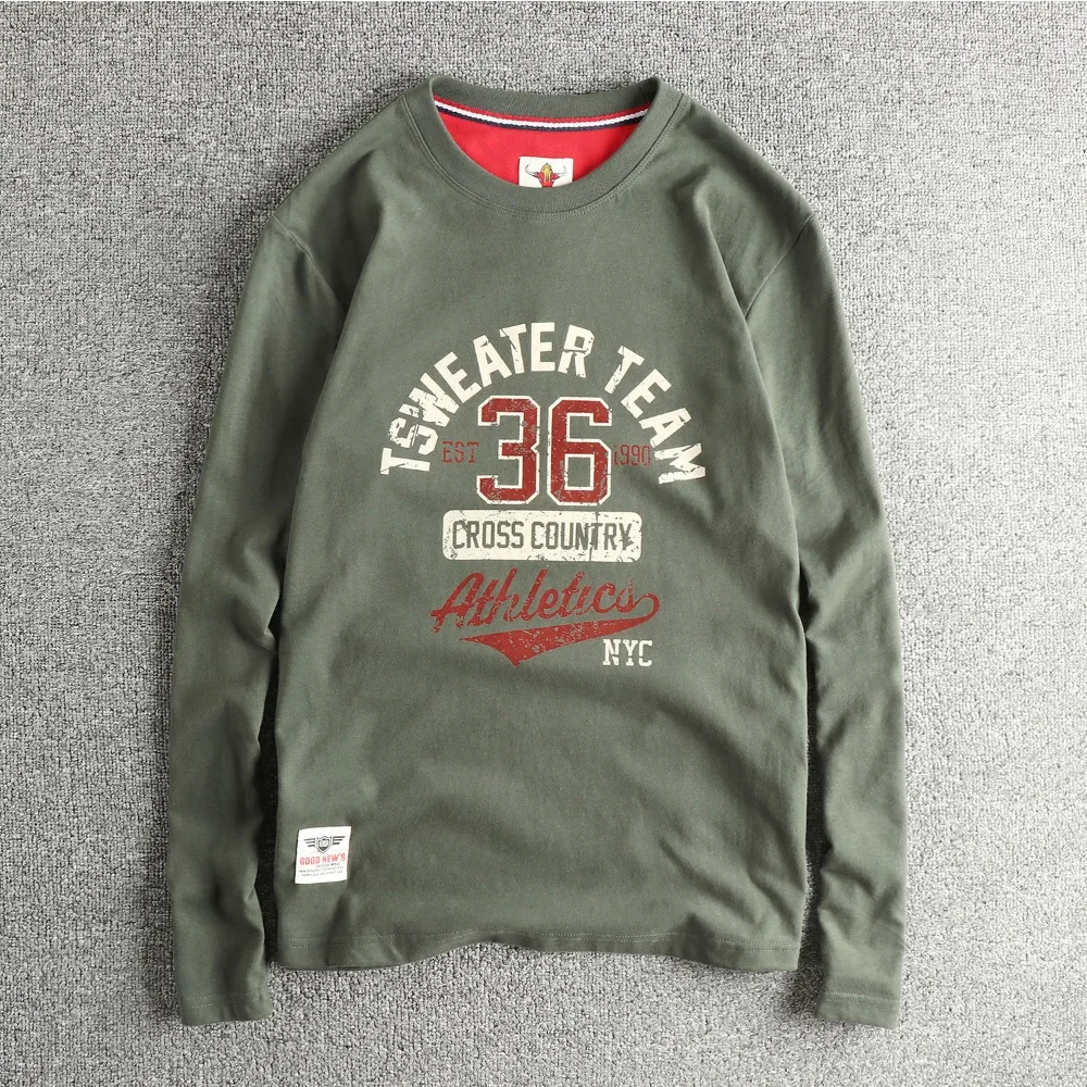 

Retro letter pattern long-sleeved T-shirt men's American washed pure cotton brushed comfortable round neck bottoming shirt