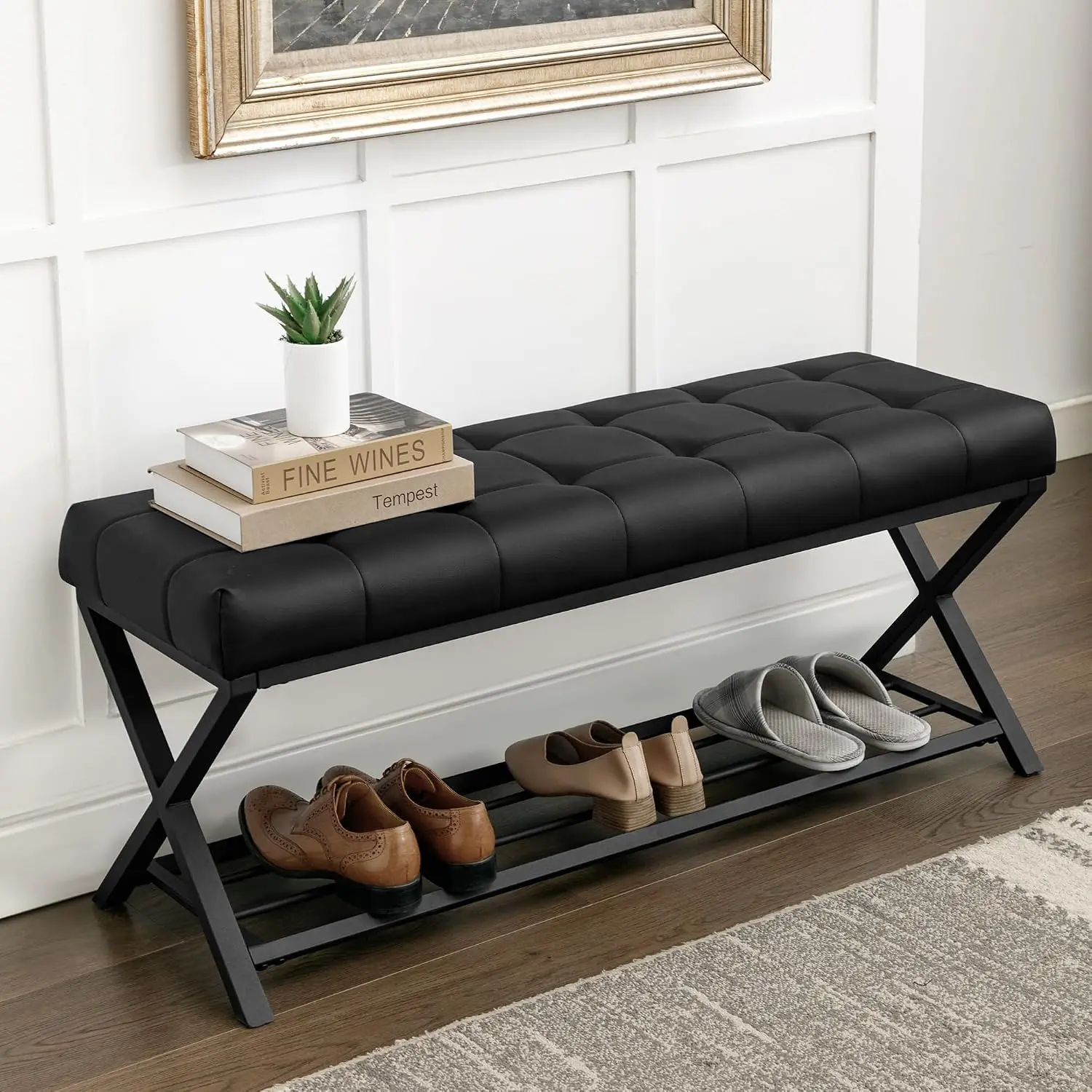 44.5” End of Bed Bench with Shelf, Linen Tufted Upholstered Storage Shoe Bench, Modern Bedroom Bench with Metal Legs