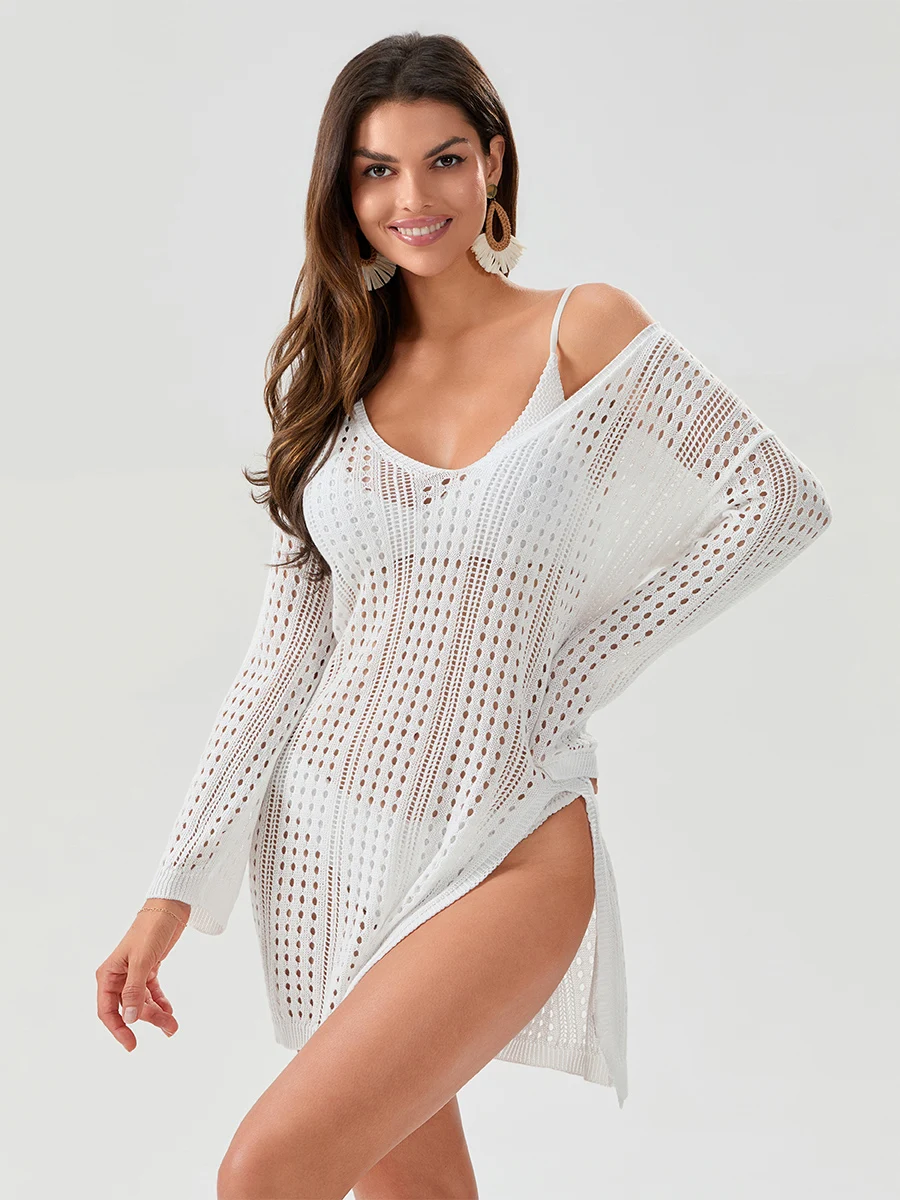 Robe de plage à manches longues pour femmes, cover-up pour bikini, document solide, transparent, creux