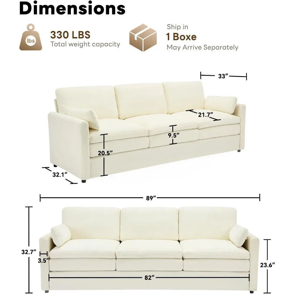 Sofá moderno, sofá nuvem de 89" com travesseiros, assento de mola com bolso, confortáveis almofadas de espuma de pelúcia de 3 lugares