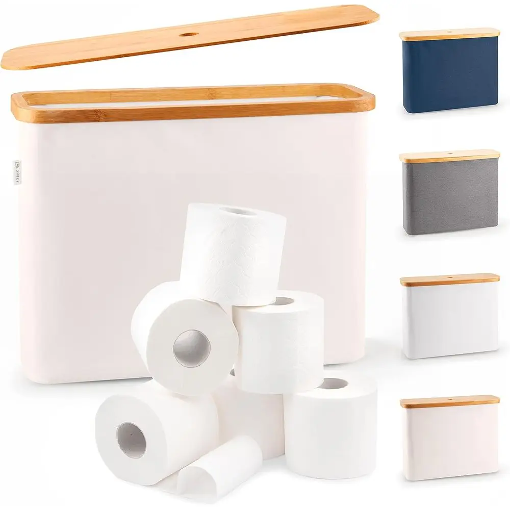 

Toilet Paper Storage for 12 Rolls, Stackable & Foldable - The Ultimate Bathroom Organizer - Waterproof Basket with Bamboo Lid -