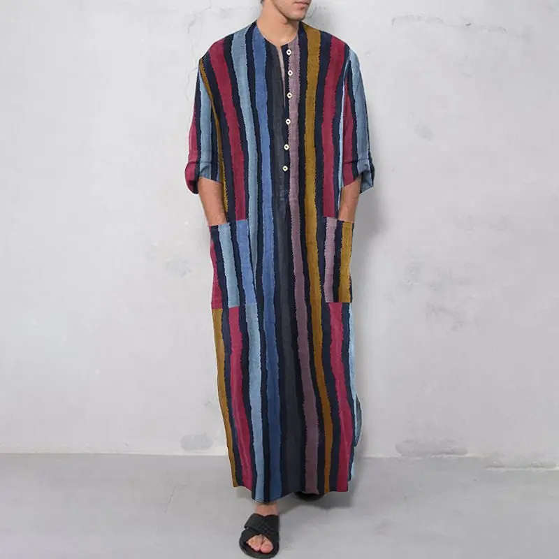 Combinaison à manches longues pour hommes, robe musulmane à rayures pour hommes arabes, nouvelle robe Jubba Thobe, 2024