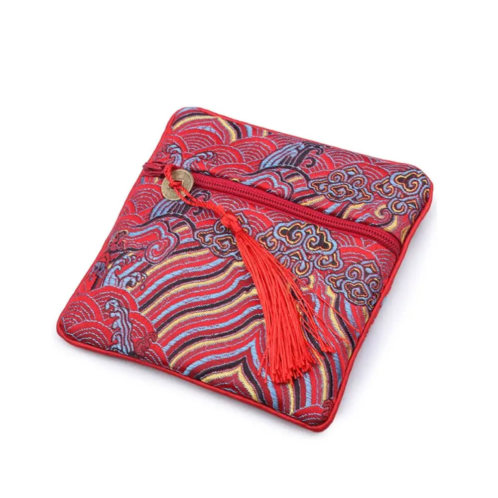 

Chinese Style Silk Jewelry Organizer Coin Purse Embroidery Brocade Pouch Sea Wave Pattern Blessing Bag Jewelry Storage Bag