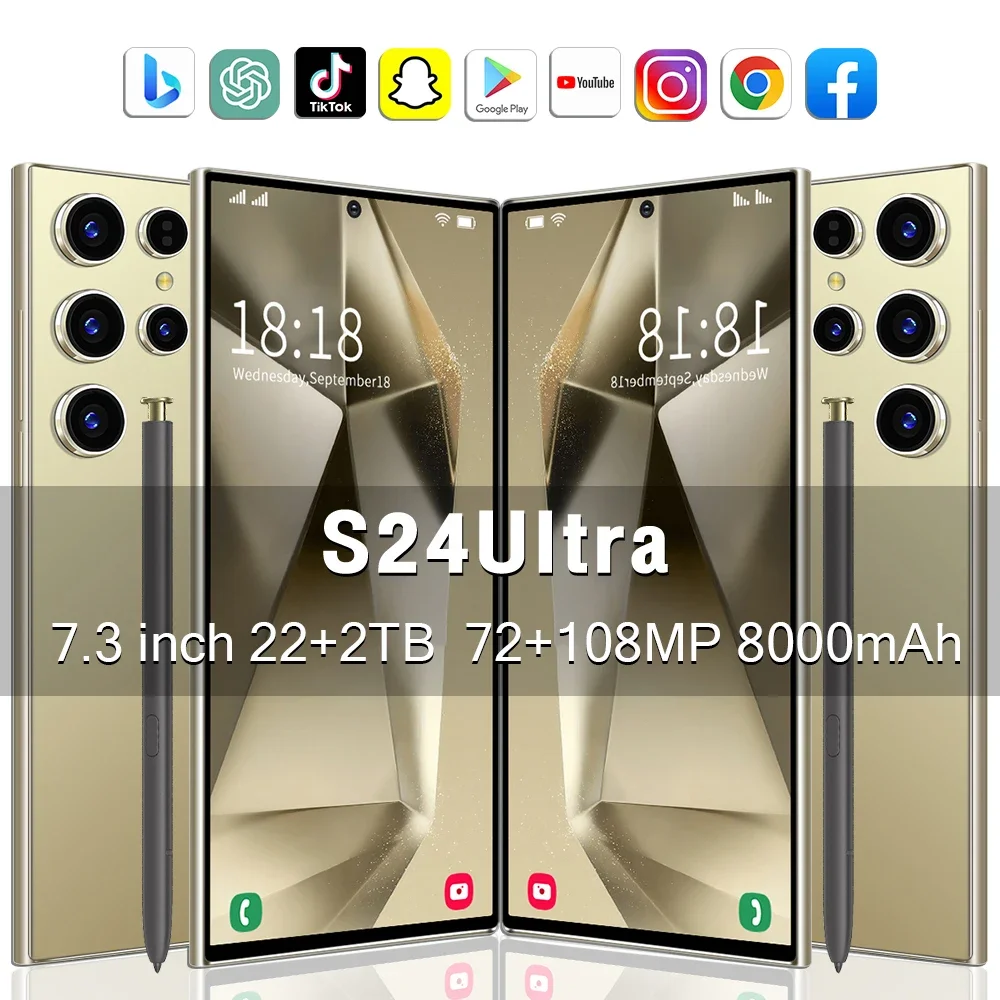 S24 Ultra 5G Smartphone - Android Global Version Dual SIM 22GB+2TB Storage 7.3-inch HD Screen Face Recognition 8000mAh Battery