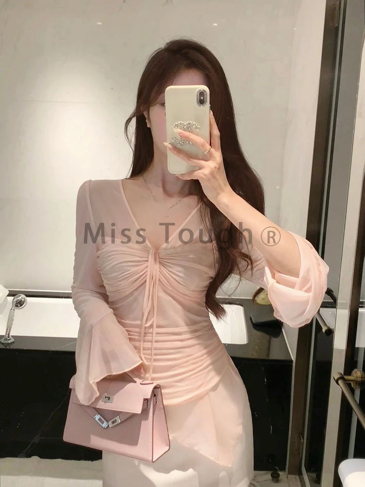 Summer New Thin Cardigan Women Sexy See Through Y2k Design V-Neck Harajuku Clothes Female Korean Fashion Chic Vintage 2000s Top