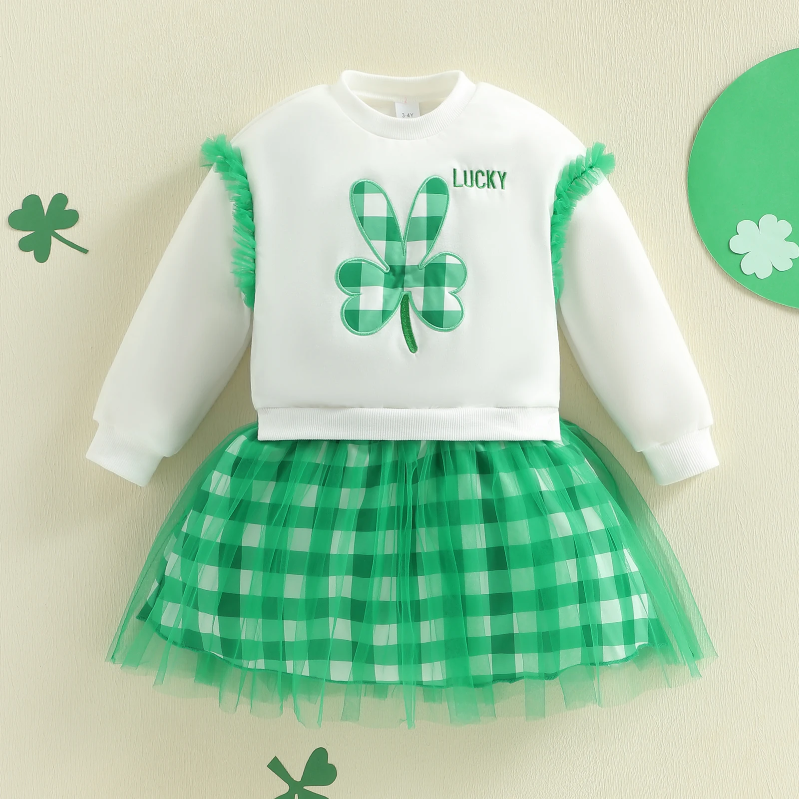 فستان رائع للفتيات الصغيرات في عيد القديس باتريك مع تطريز شامروك وتصميم مرقع منقوش وأكمام طويلة أنيقة للأطفال الصغار #2
