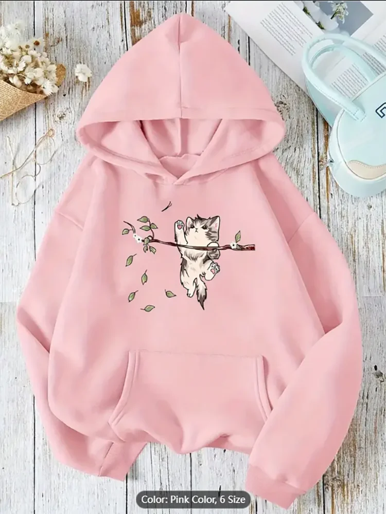 Womens Grey Hoodie Cat Branch Graphic Print Casual Oversized Drawstring Hooded Sweatshirt for Cat Lovers Pure Cotton Comfort