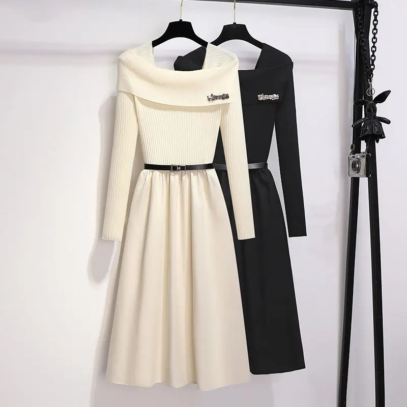 Vestido suéter adelgazante Y2K elegante a la moda para mujer, vestido de punto liso con hombros descubiertos de estilo francés, otoño 2025