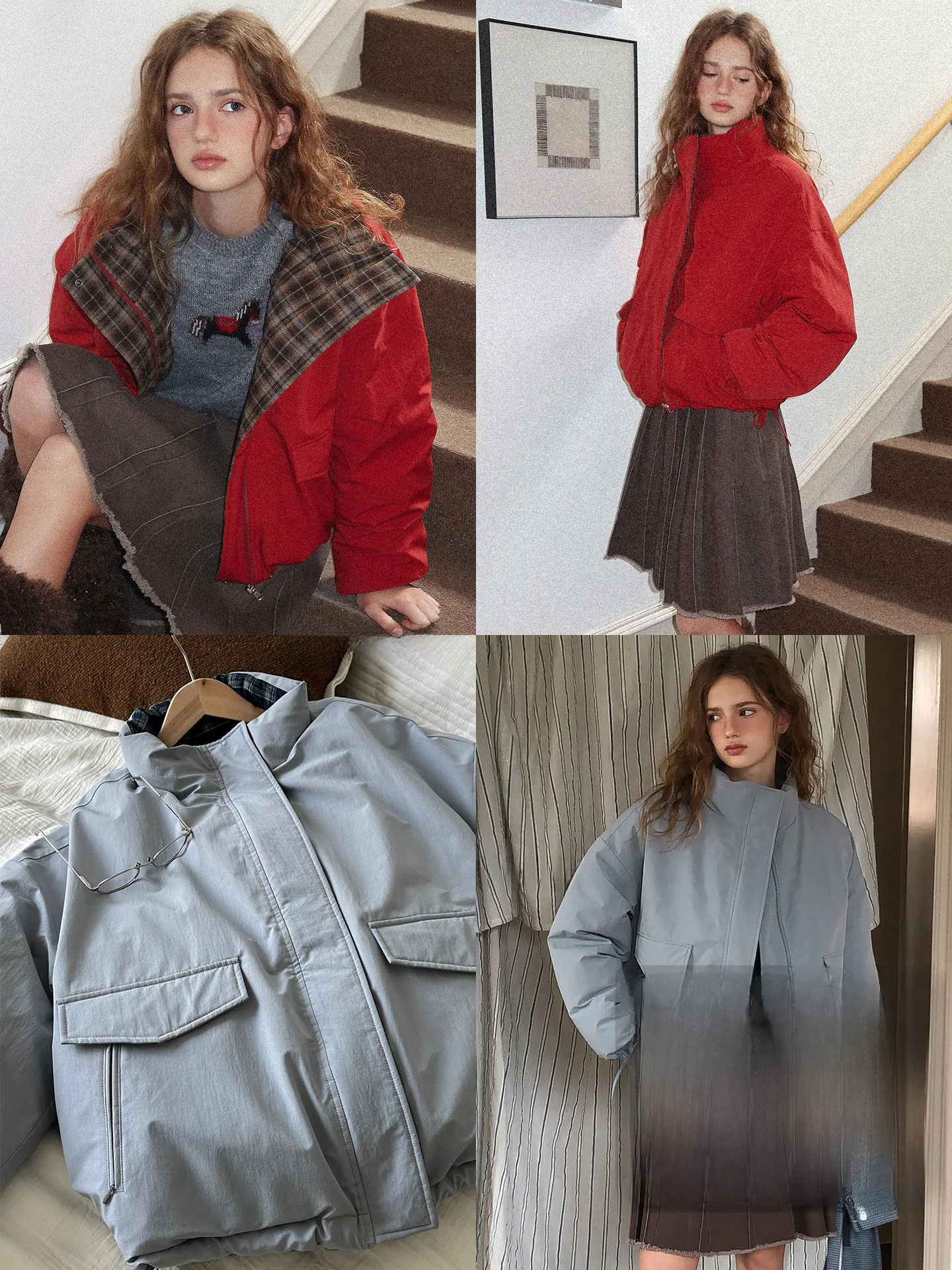 

Двусторонняя ретро-куртка в клетку с цветовыми блоками, воротником-стойкой, наполнителем из 90% белого утиного пуха, женская модная куртка-пуховик для повседневной носки