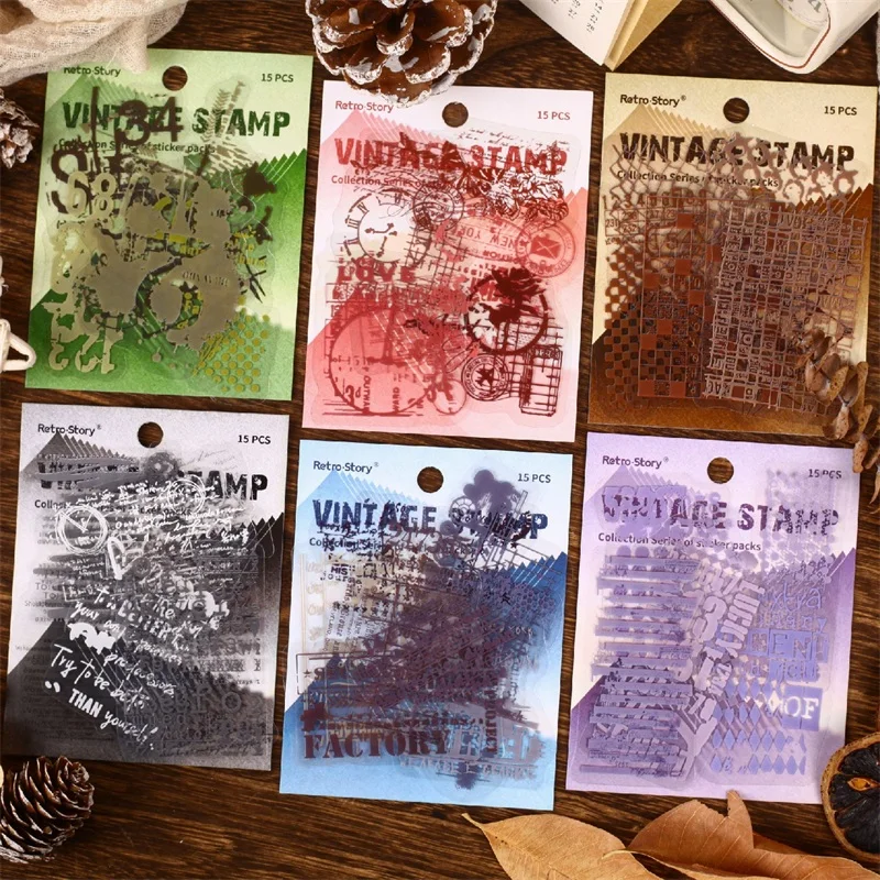 15 pcs Old chapter traces PET material Decorative sticker Diary Album Scrapbooking material Junk Journal Supplies