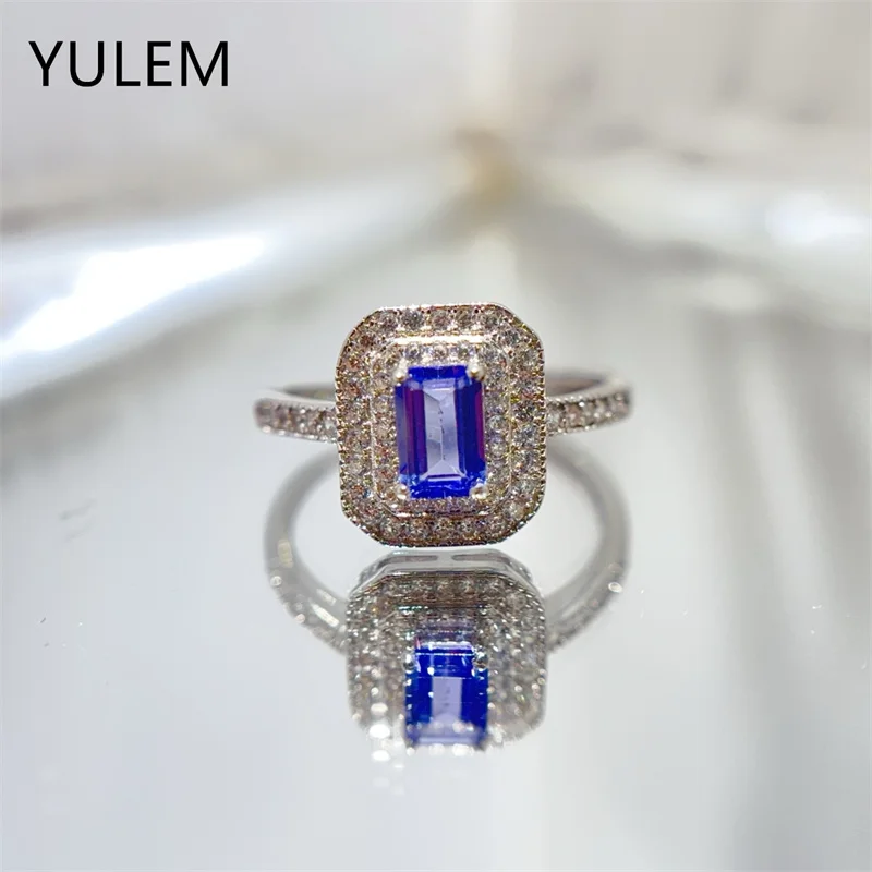 

YULEM 4x6mm Rectangle Natural Tanzanite with Purple Color Silver 925 Ring for Women Daily Wear