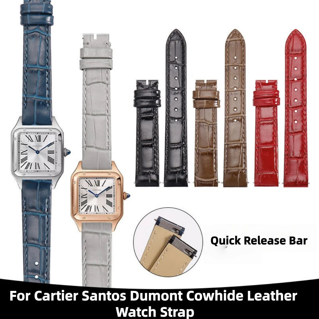Genuine Cowhide Leather Alligator Pattern Watch Strap Fit For Cartier Santos Dumont 15.5mm 17.5mm 19mm With Quick Release Bar
