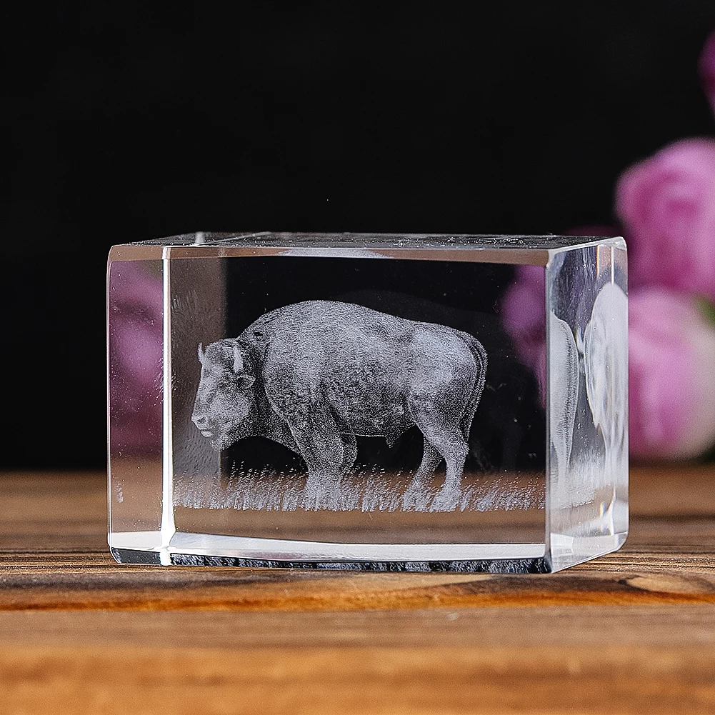 Crystal Glass Animal Figurine Miniatures 3D Laser Etched Crystal Cube Engraving Statue Sculpture Paperweight Decor with Gift Box