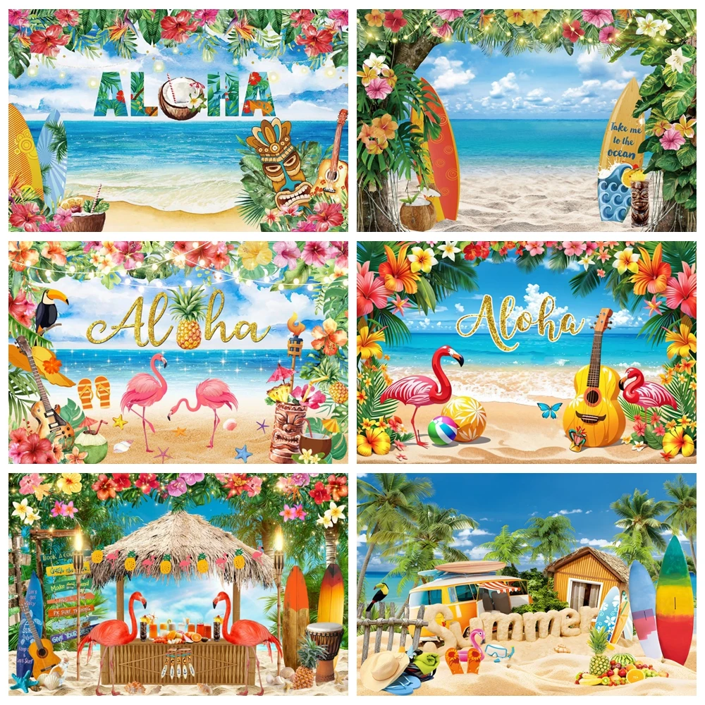 

Summer Beach Flamingo Photography Backdrop Tropical Hawaii Luau Aloha Seaside Baby Birthday Holiday Party Photo Background Decor