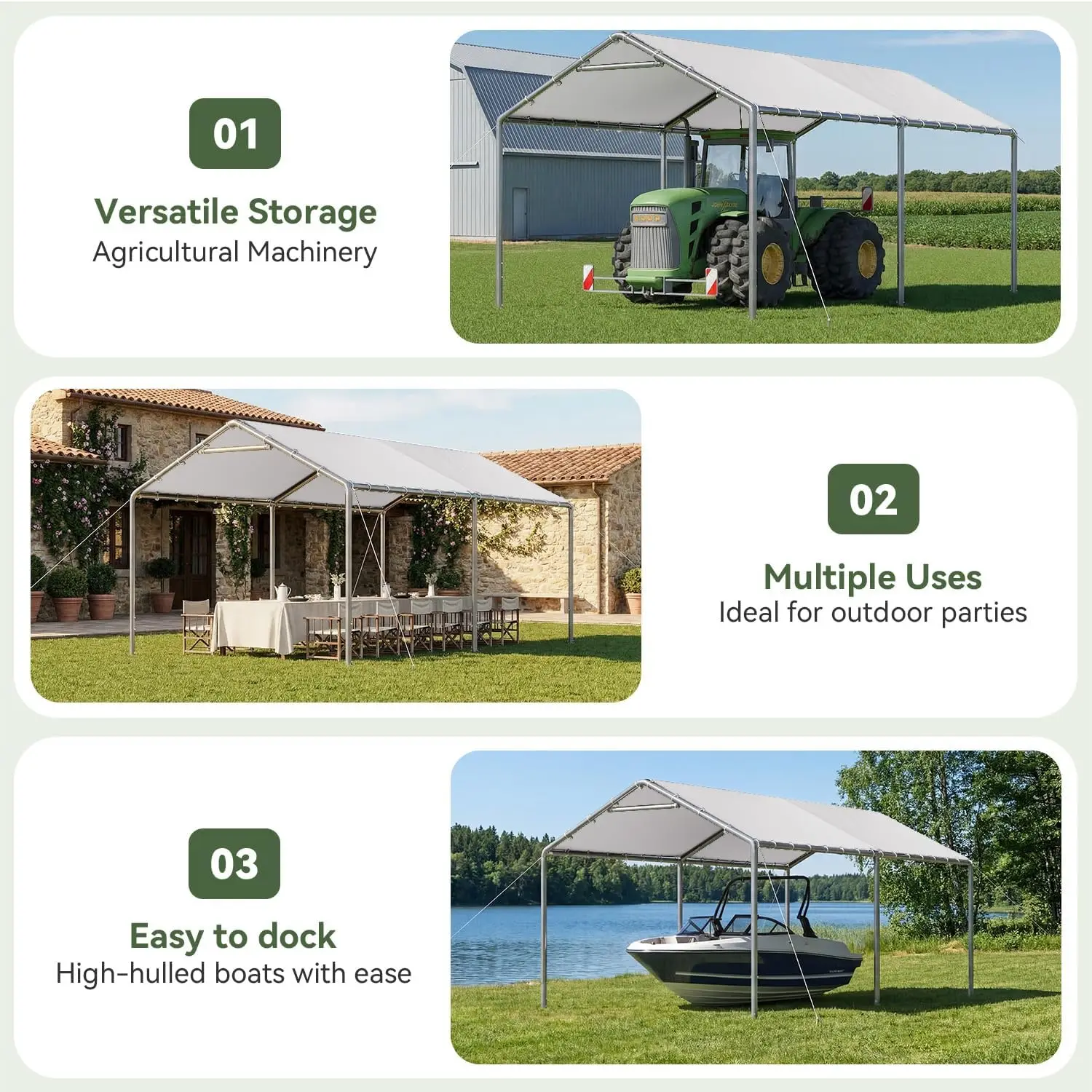 10x20 Heavy Duty Carport Portable Garage Shelter Shed, Steel Frame Waterproof Vehicle Storage Tent with Adjustable Height, Roll Up Doors Removable Sidewalls Outdoor Car Canopy, view 5