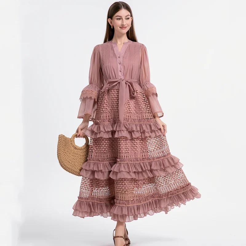 

Spring New Flare Long Sleeved V-Neck Hollow Out Lace Ruffles Patchwork Elegant Maxi Dress High Waist Women's Vestidos
