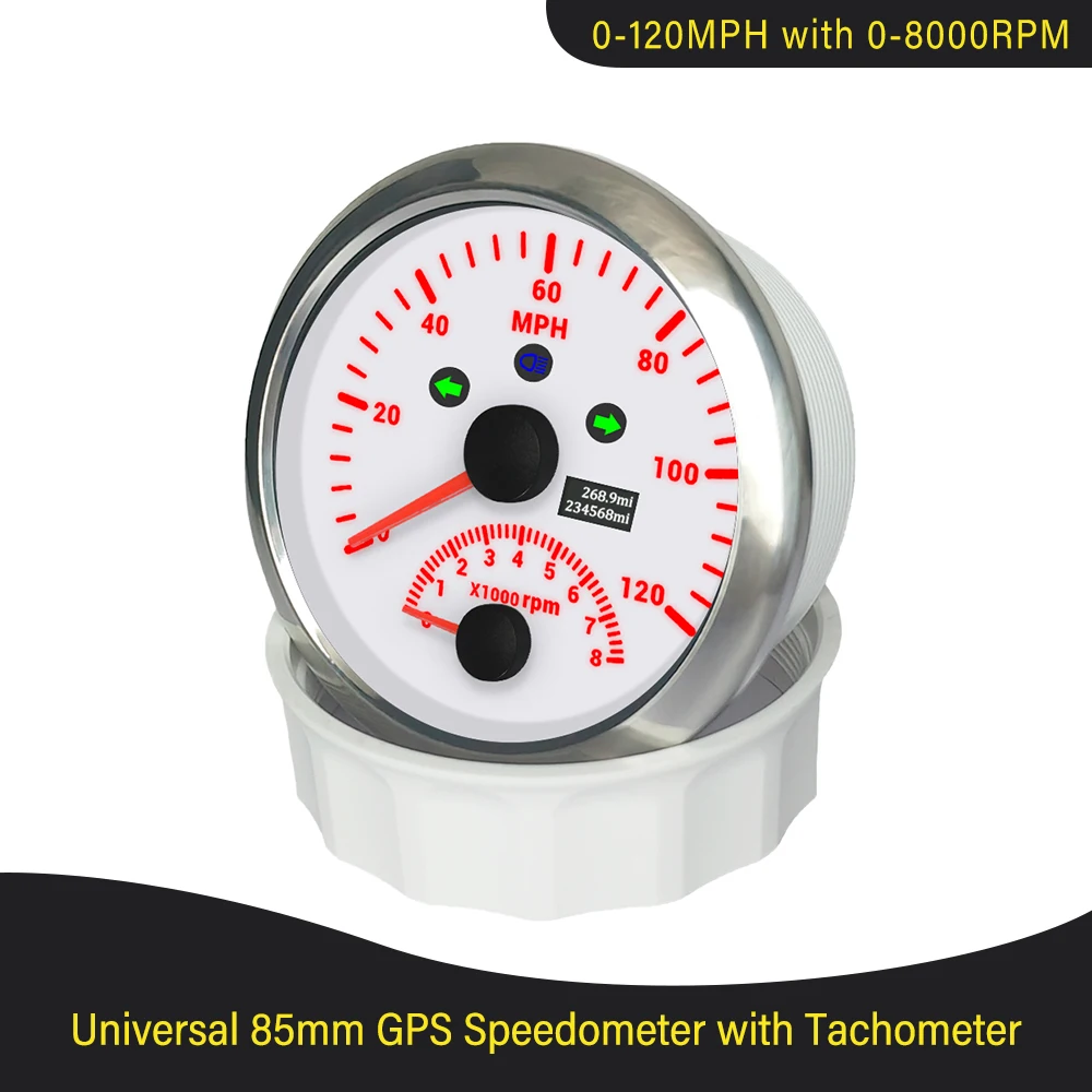 

Newest Universal 85mm GPS Speedometer 120km/h 0-200KM/H With 0-8000RPM Tachometer 12V/24V With Red Backlight For Car Yacht Truck