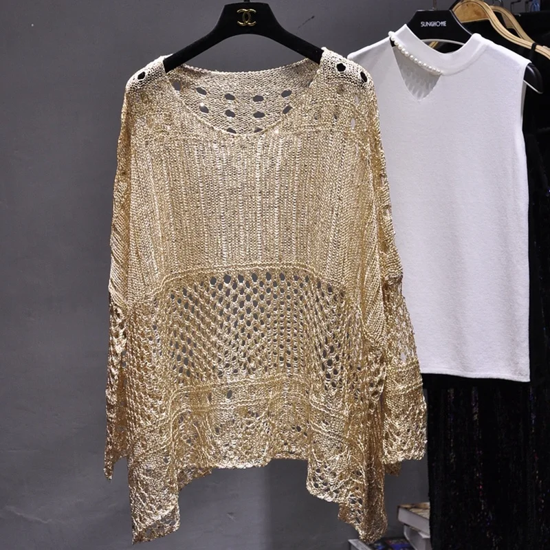 

Spring 2023 new hollow sequined blouse mid-length knitted sweater loose large size gold thread bright silk sunscreen shirt