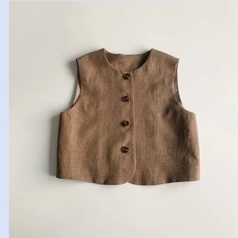 24 year early autumn new handsome and neat linen brown sleeveless temperament short vest top