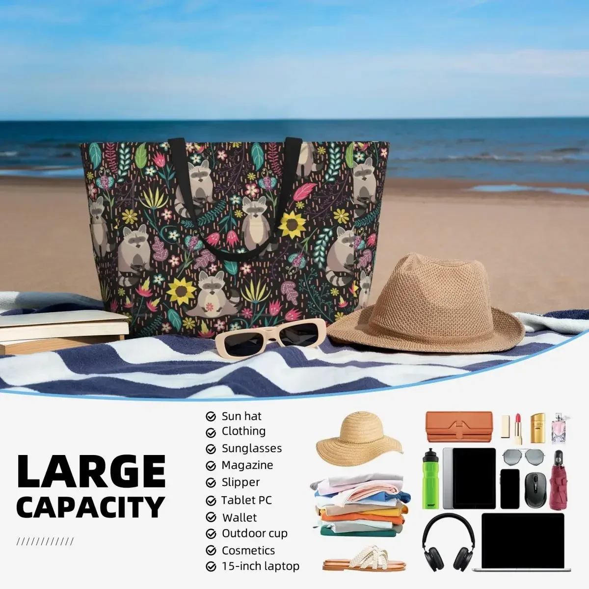 Raccoons bolsa de viaje de playa con patrón brillante, bolso de mano, compras de moda, viaje, regalo de cumpleaños, patrón multiestilo