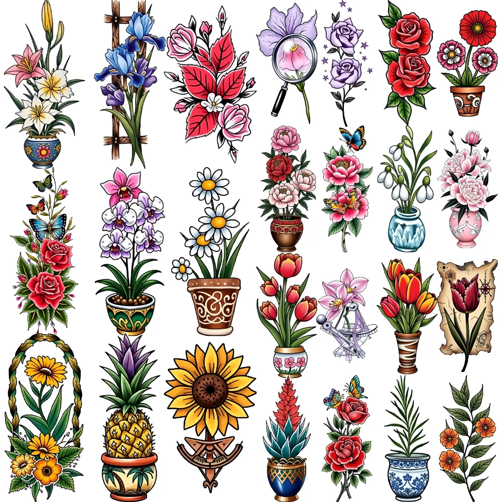 

28pcs Temporary Tattoo Cactus Illustration Waterproof Long-lasting Body Stickers Rose Design Daisy Pot For Shoulders Chest