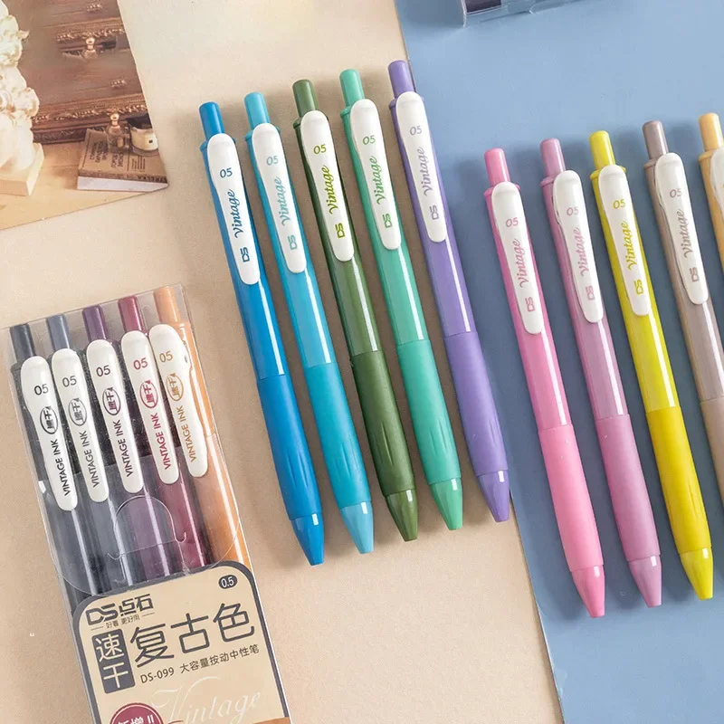 Retractable Vintage Color Gel Pen Quick-drying 0.5mm Binder Clip Soft Rubber Pen Grip Bullet Retro Pen School Office Supplies