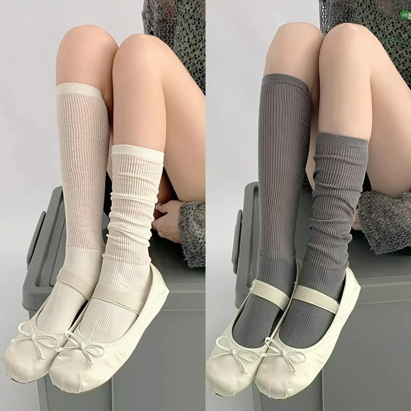 

Носки в стиле Лолита JK, однотонные, Y2K, с эффектом сборки, до колена, средней длины, дышащие, сексуальные женские чулки, тонкие сетчатые, повседневные длинные носки до икры