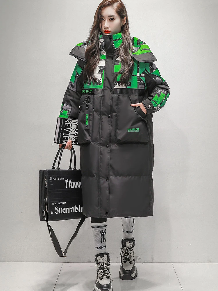 Winter Long Letter Print Hooded Parker Down Jacket Female Big Pocket Warm Knee Length Outwears Women White Duck Down Jacket Coat