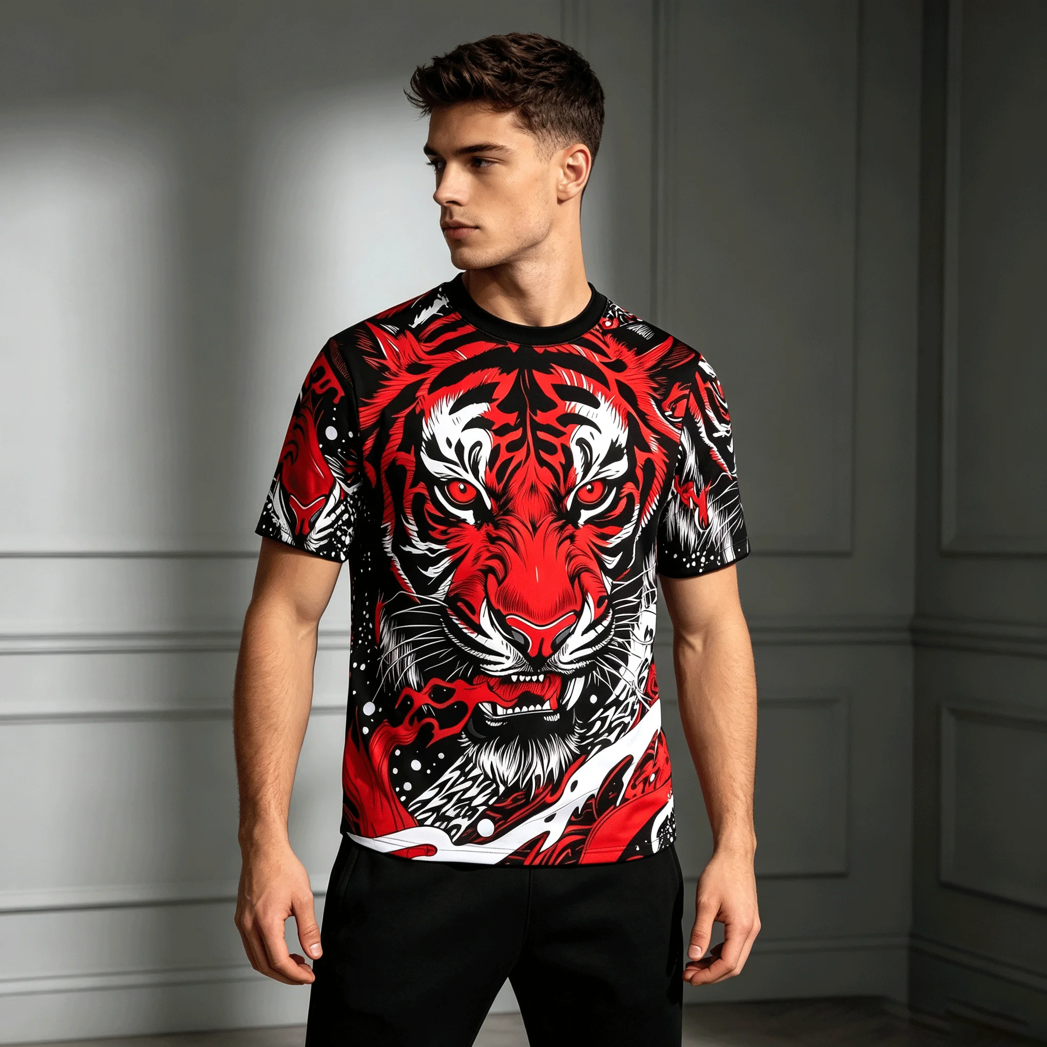 New Men's Black Round Neck T-Shirt, Red Tiger Head 3D Printed Animal Wave Flame Street Style Short Sleeved Fashionable Top