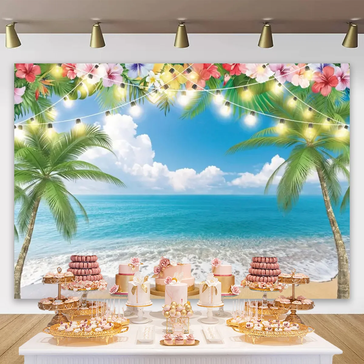 Hawaiian Summer Beach  Background Tropical  Seaside Flowers Aloha Luau Ocean Sea Surfboard Holiday Party Birthday Backdrop Decor