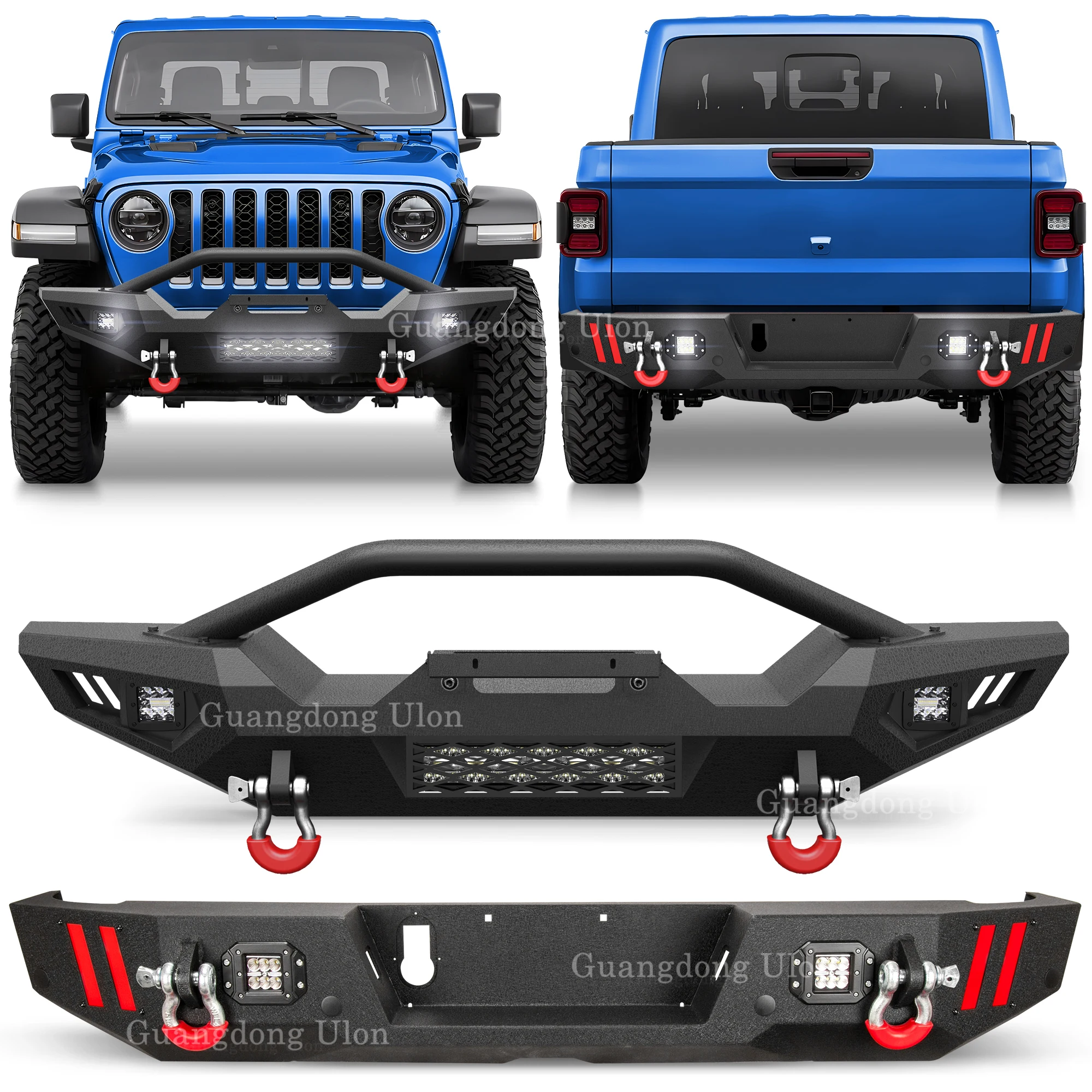 Front and Rear Bumper Compatible with Jeep Gladiator JT with D-ring, 144W LED Light Bar and Winch Plate for 2020-2025