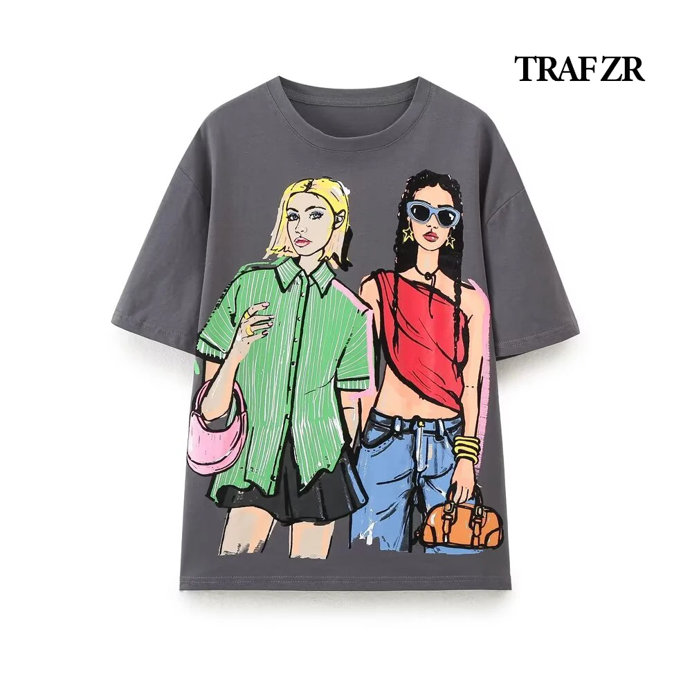 

TRAF ZR Harajuku Classic Print T-shirt Tees Loose Woman T-shirts Kpop Basic Short Sleeve Tee O-NECK Casual Tops Woman 2024