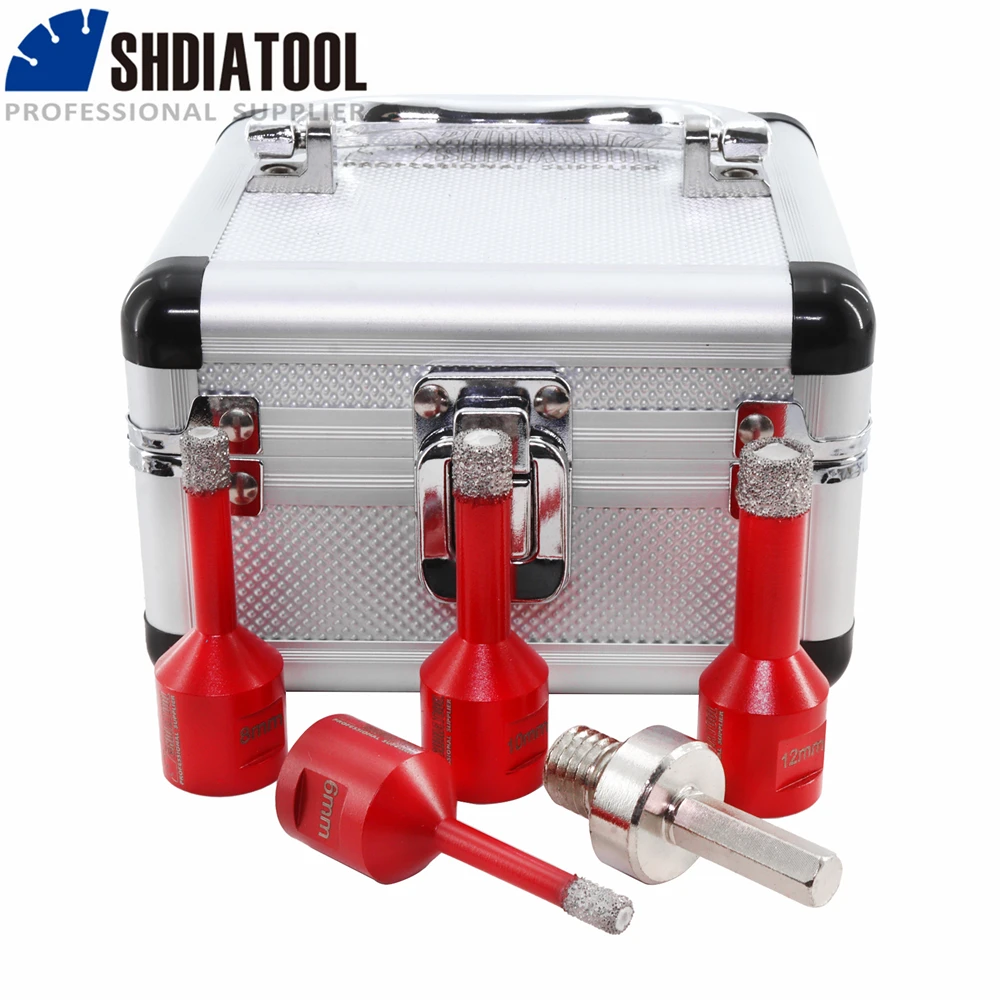 SHDIATOOL 5pcs Diamond Drill Bits Set 6/8/10/12mm Drilling Core Bits Crown+HEX Adapter  Marble Ceramic Hole Saw M14 Thread Kit