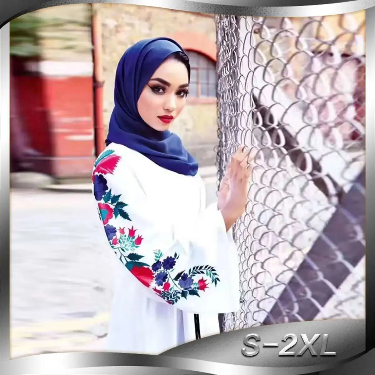 Net rouge même mode femmes musulman Cardigan brodé coupe ajustée à manches longues Abaya1713 Ramadan dubaï luxe Islam élégant