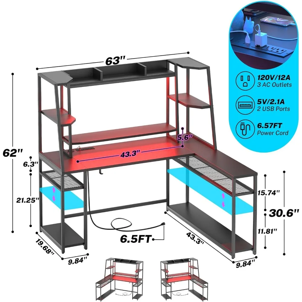 Escritorio para juegos en forma de L con Hutch, escritorio para juegos en L de 63 pulgadas con estación de carga con luces LED, escritorio en forma