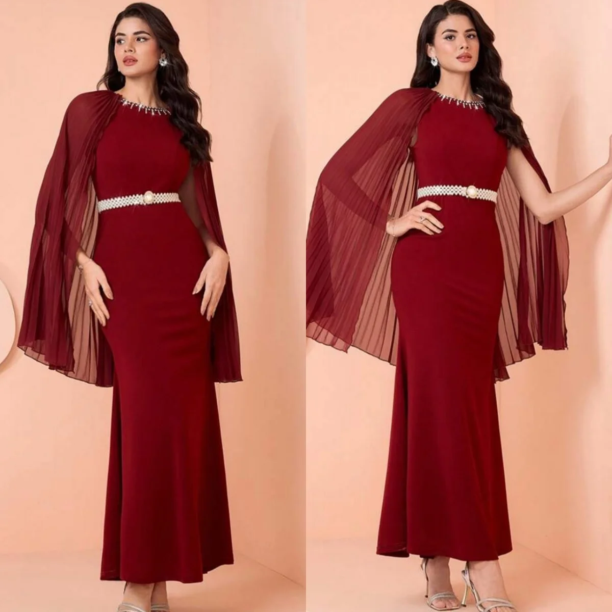 

Customized Exquisite Burgundy Jersey Evening Dress Delicate Crew Neck Shawl Zipper Back Belt Mermaid Special Occasion Gowns