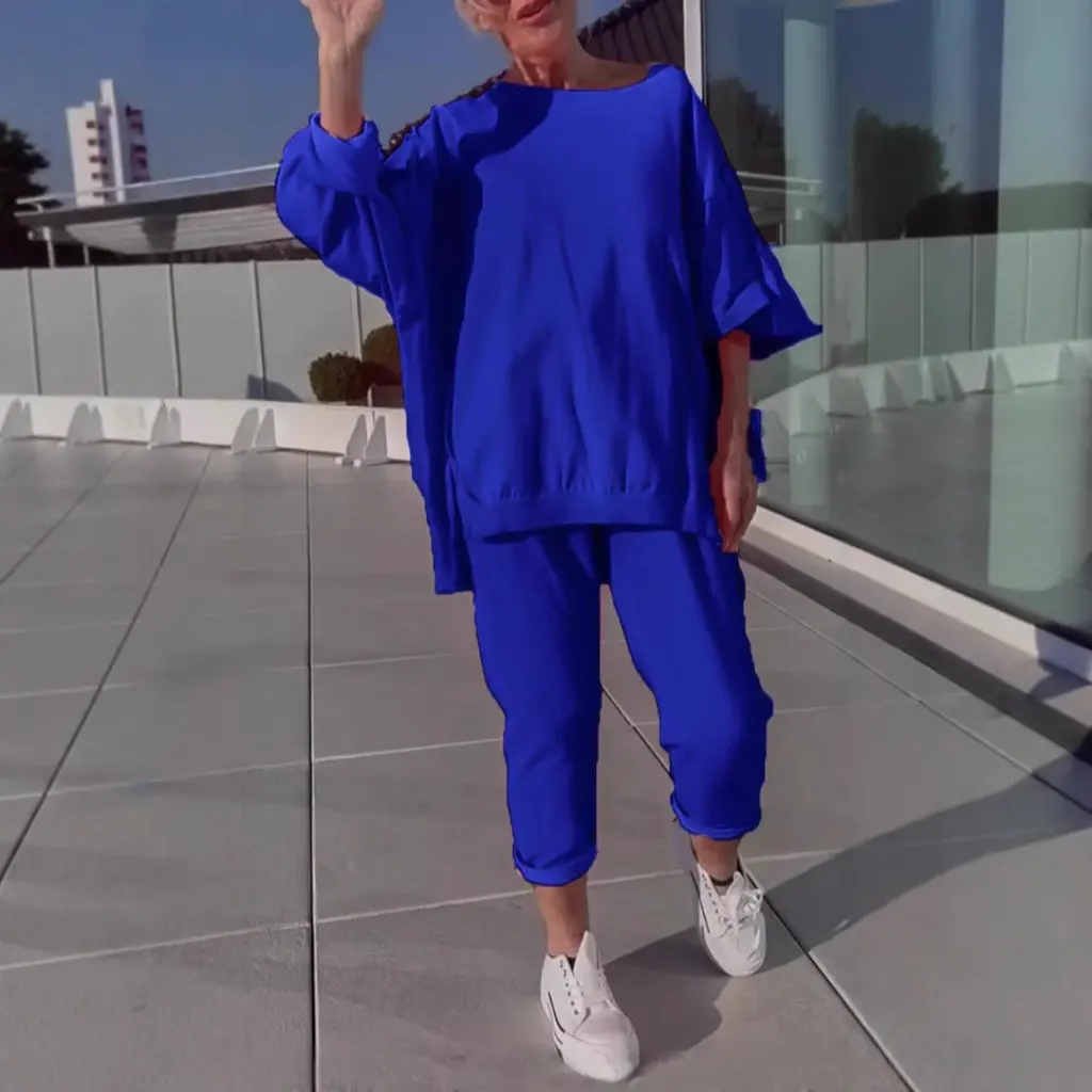 

Женский повседневный топ с круглым вырезом и длинными рукавами и спортивные брюки, комплект из двух предметов, чистый цвет, осень-зима, европейско-американский стиль