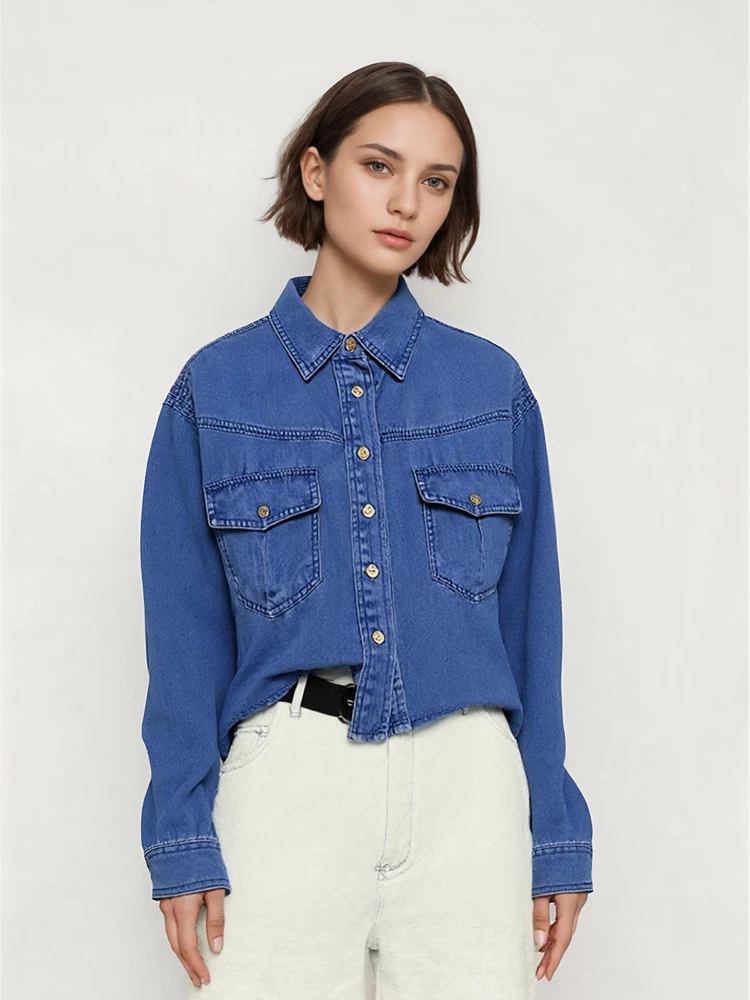 

Women shirt long sleeve denim pockets button casual streetwear blouses Summer Female trend 2025 Top collection large size denim