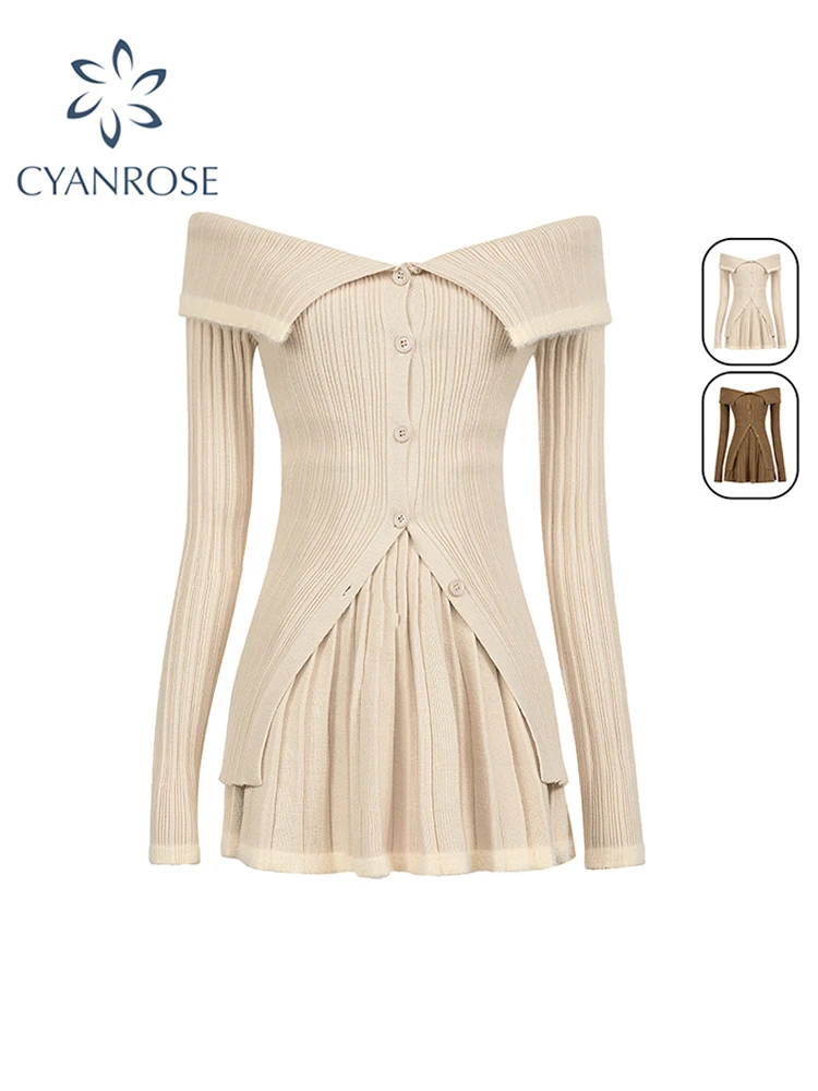 

Women's Beige Skirt Sets Suit Vintage Long Sleeve Sweater and A-Line Skirts Y2k 90s Korean Elegant Two Piece Suit 2000s Clothes