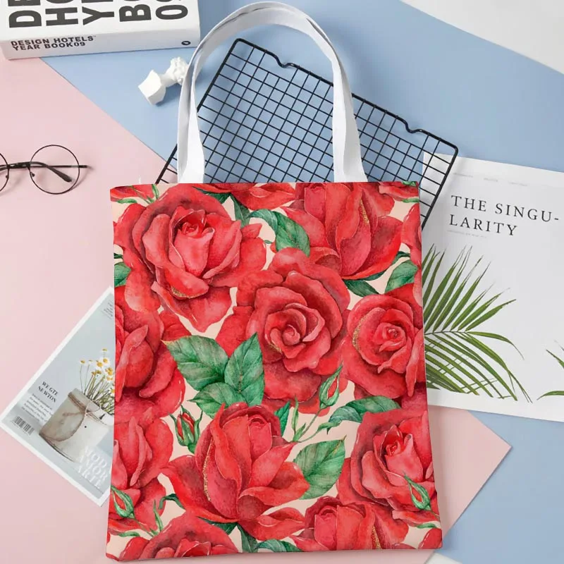 Custom Rose Flower Tote Shopping Bags 30x35cm Tote Bag Reusable Handbag Women Shoulder Cloth Pouch Foldable 1014