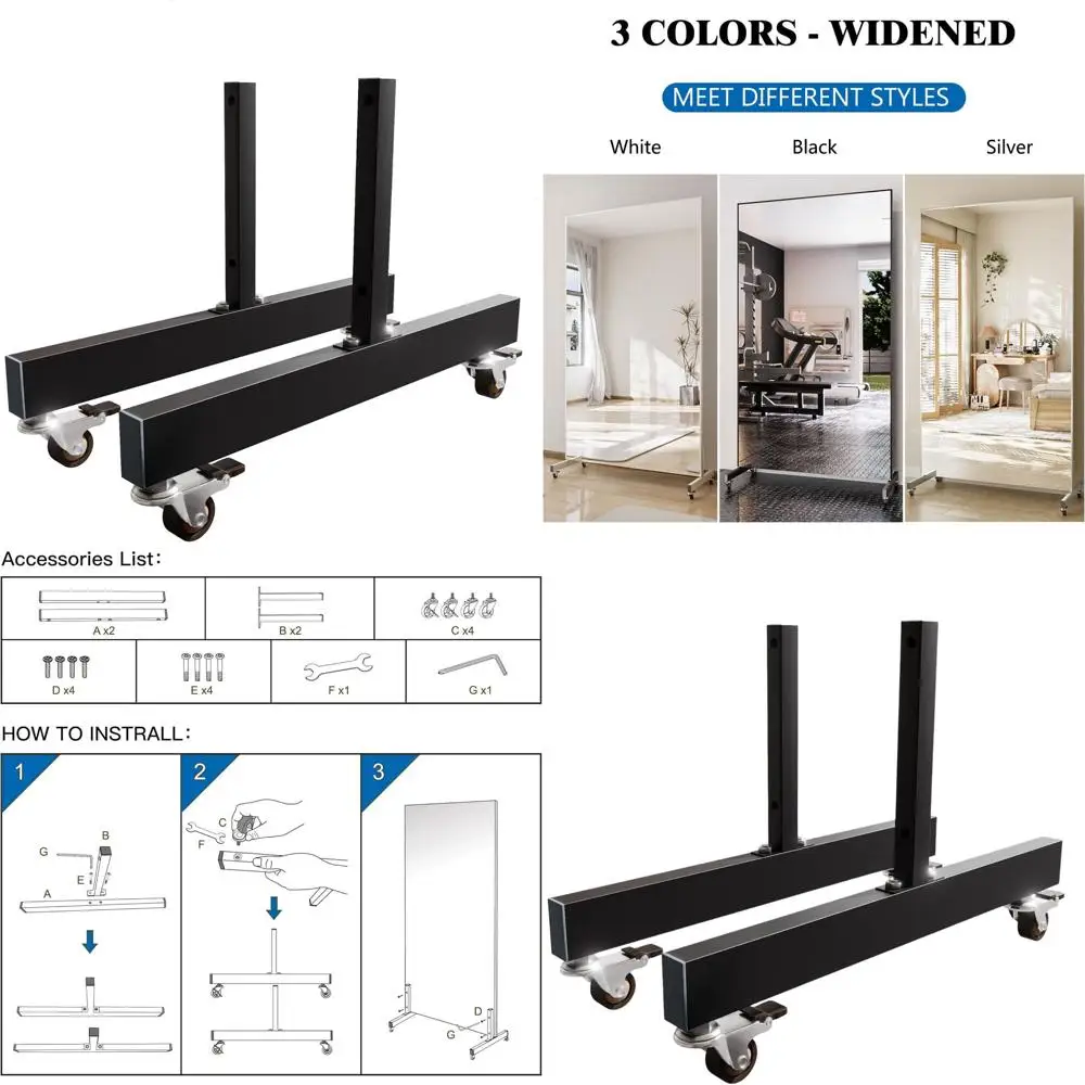 

360° Swivel Rolling Base Lockable Wheel Mirror, Wall Mount Compatible, Black