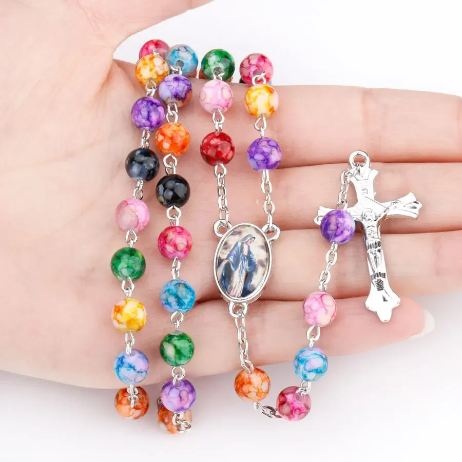 Catholic Rosary Virgin Mary Cross Prayer Amulet Luckey Pendant Necklace for Women Men Colored Imitation Pearl Necklace Jewelry