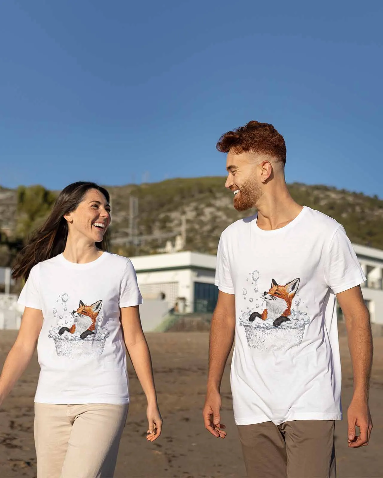 Line Style Bathtub Bath Fox Couple T Shirt Lovers Short Sleeve O Neck Loose Tshirt Fashion Woman Man Tee Shirt