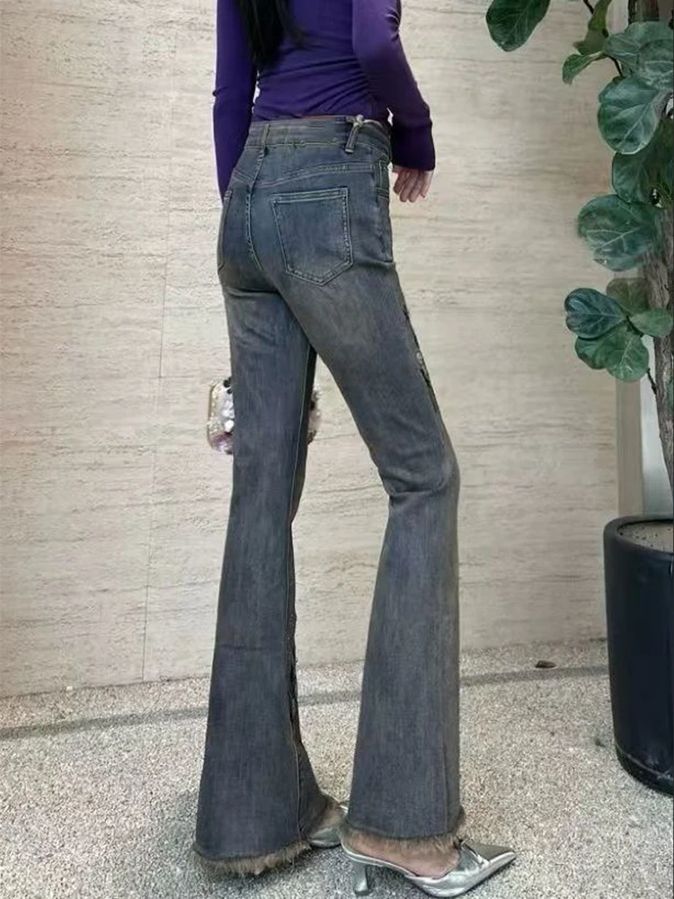 レトロジーンズ レディース 2025年秋新作 重工業風花柄刺繍 おしゃれで万能なマイクロベルボトムパンツ