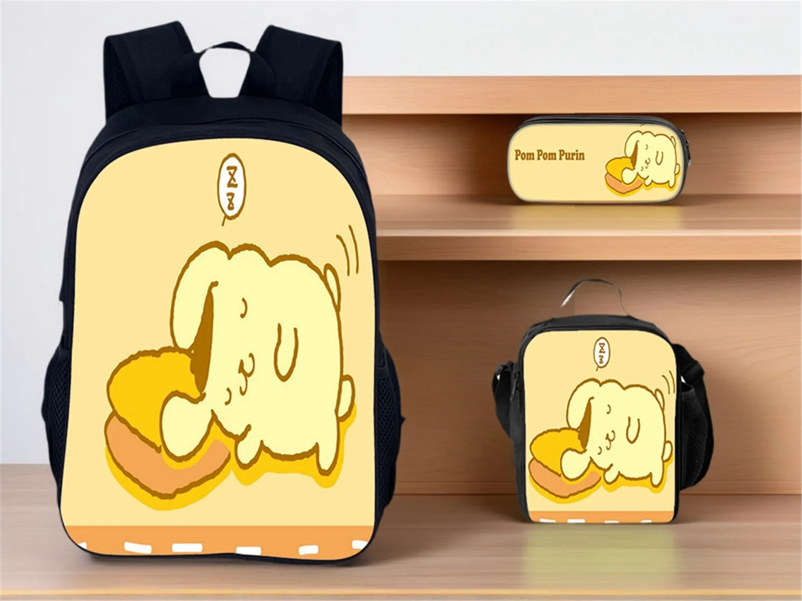 

Back to School Sanrio Book Bag Pom Pom Purin Cute Daypack for Children,Kid Casual Backpack and Pencil Case Thermal Bag 3Pcs Set
