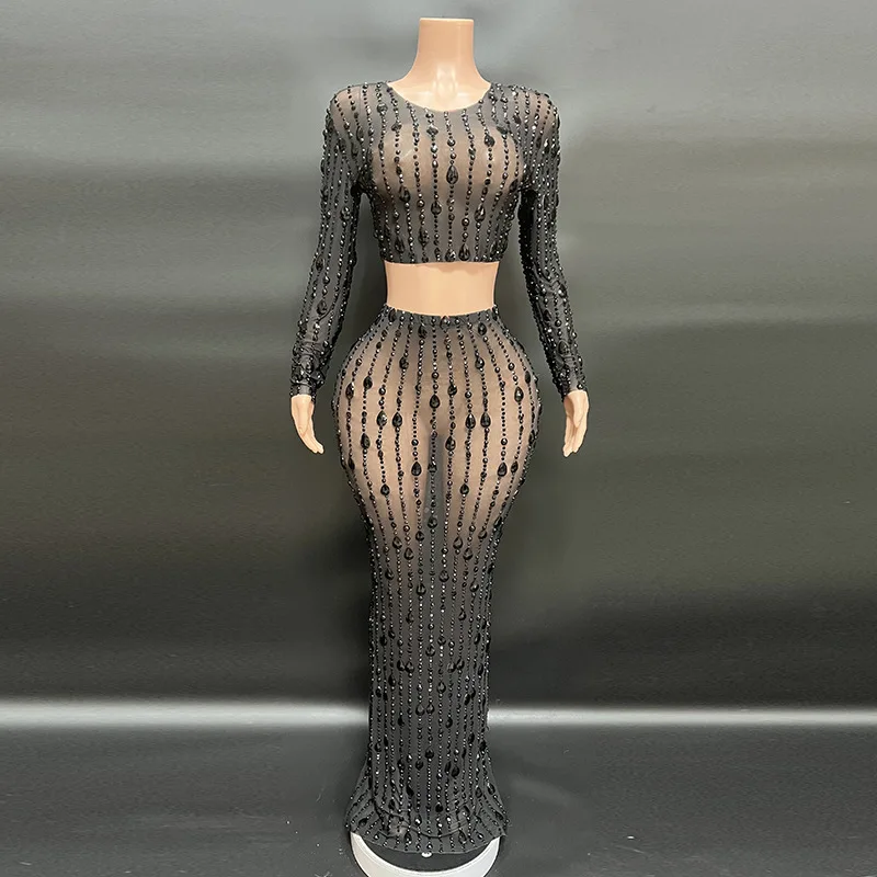 Summer 2025 Sexy Luxury Rhinestone Girl Suit Mesh Floor Length Dress Party Evening Dress Women Dresses for Party and Wedding